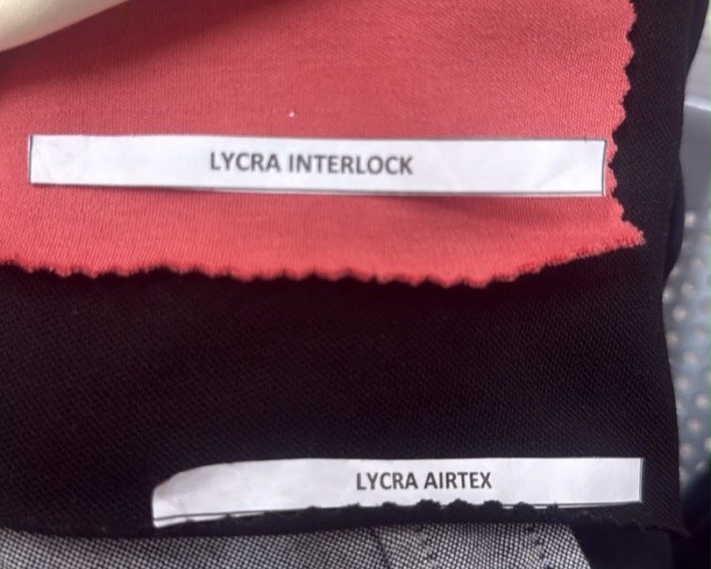 Cotton lycra interlock and lycra airtex knit fabric swatches
